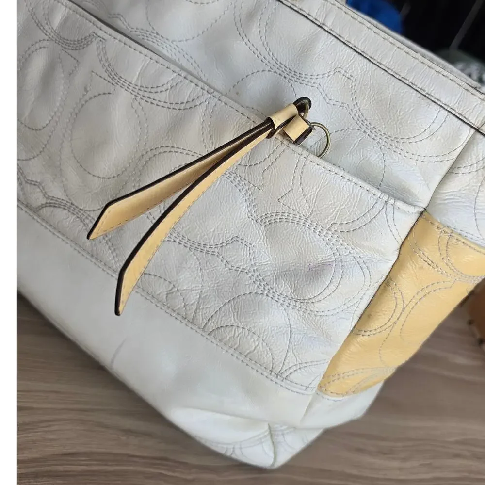 CoachPatent Leather/ cream/ yellow n blue purse/ diaper bag/ project bag